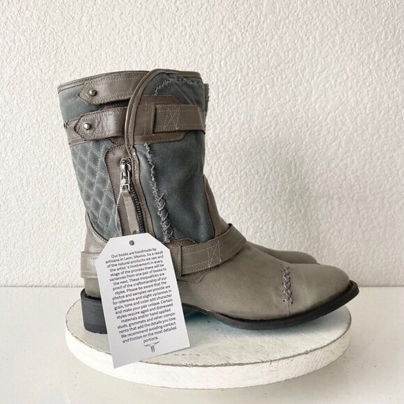 Lane Boots Womens Gray Leather Canvas Mid-Calf Western Moto Style Zip Size 10 - Picture 2 of 11